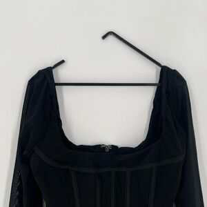 House Of Cb Stella Black Mesh Trimmed Corset Feather Trim Cuffs Top